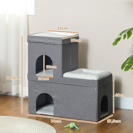 Cat Cave kattenhuis, kattenhuis met 3 niveaus, kattenmand met kussen, hondenhuis voor katten tot 5 kg, 74 x 37,5 x 78,5 cm, grijs
