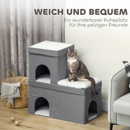 Cat Cave kattenhuis, kattenhuis met 3 niveaus, kattenmand met kussen, hondenhuis voor katten tot 5 kg, 74 x 37,5 x 78,5 cm, grijs