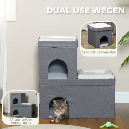 Cat Cave kattenhuis, kattenhuis met 3 niveaus, kattenmand met kussen, hondenhuis voor katten tot 5 kg, 74 x 37,5 x 78,5 cm, grijs