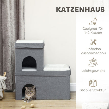 Cat Cave kattenhuis, kattenhuis met 3 niveaus, kattenmand met kussen, hondenhuis voor katten tot 5 kg, 74 x 37,5 x 78,5 cm, grijs