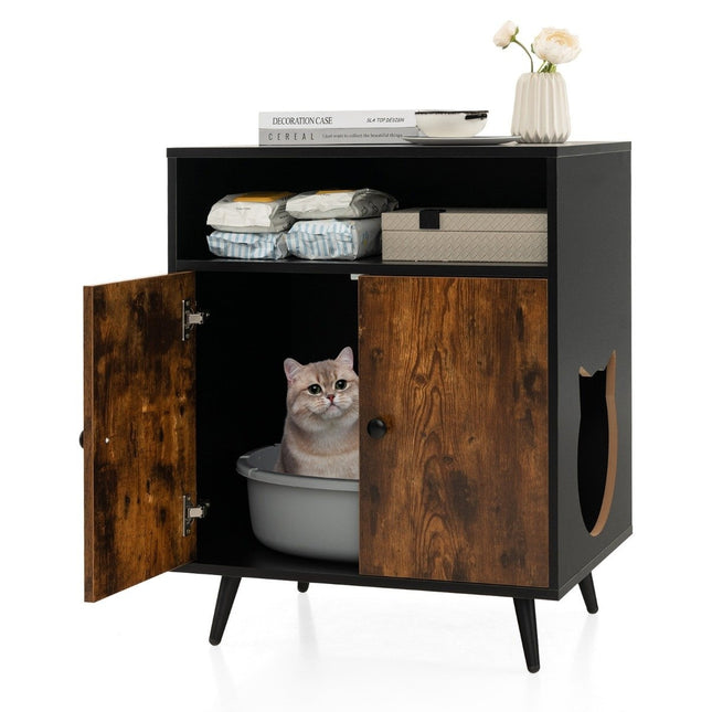 Cat cupboard cat toilet cat house with double doors & entrance 60 x 45 x 75 cm black + natural