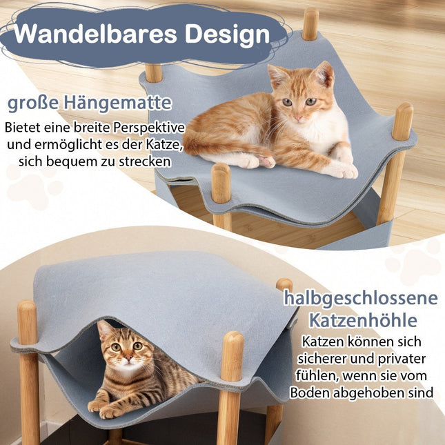 Cat house 2 levels bamboo raised cat bed with storage space 40 x 40 x 53 cm natural + gray