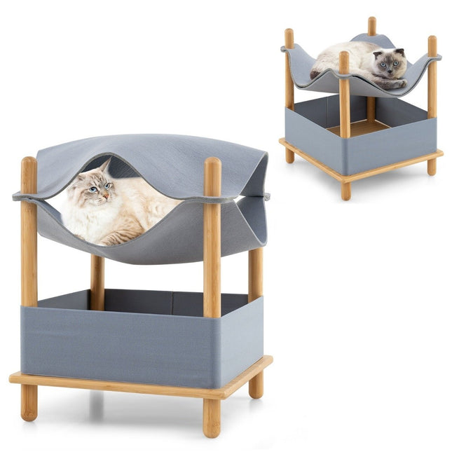 Cat house 2 levels bamboo raised cat bed with storage space 40 x 40 x 53 cm natural + gray