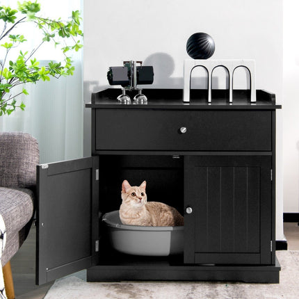 Cat house with drawer and 2 doors 3-in-1 cat house cat litter box side table black