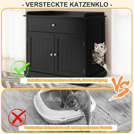 Cat house with drawer and 2 doors 3-in-1 cat house cat litter box side table black
