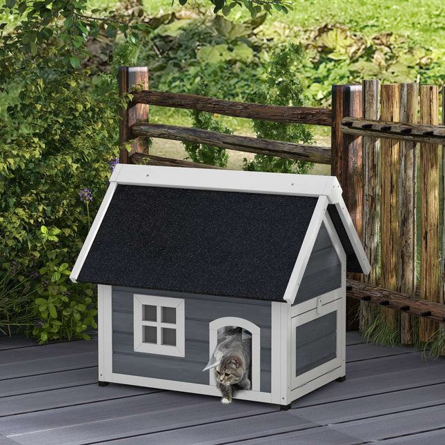 Wooden cat house, weatherproof, hinged roof, gray