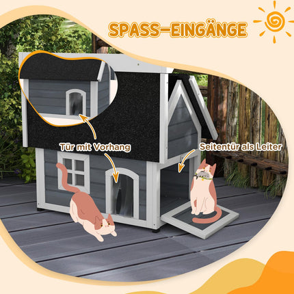 Wooden cat house, weatherproof, hinged roof, gray