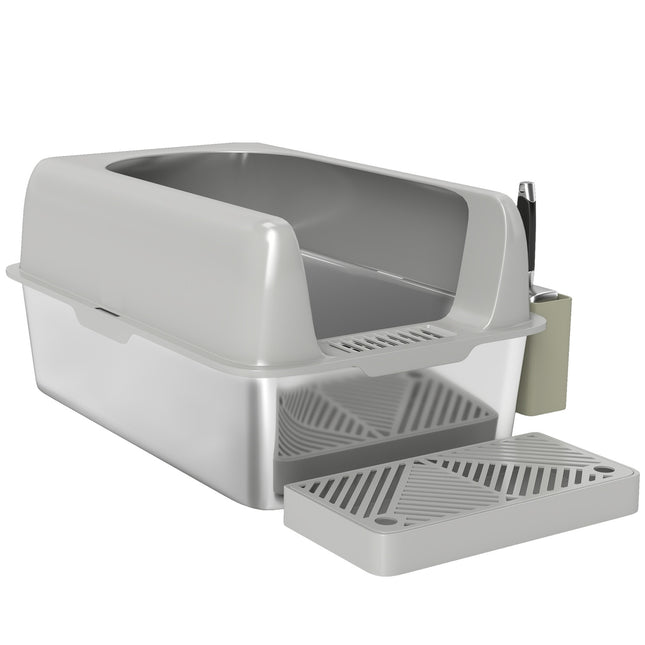Cat box with lid & scoop, stainless steel, light grey