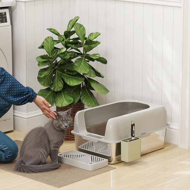 Cat box with lid & scoop, stainless steel, light grey