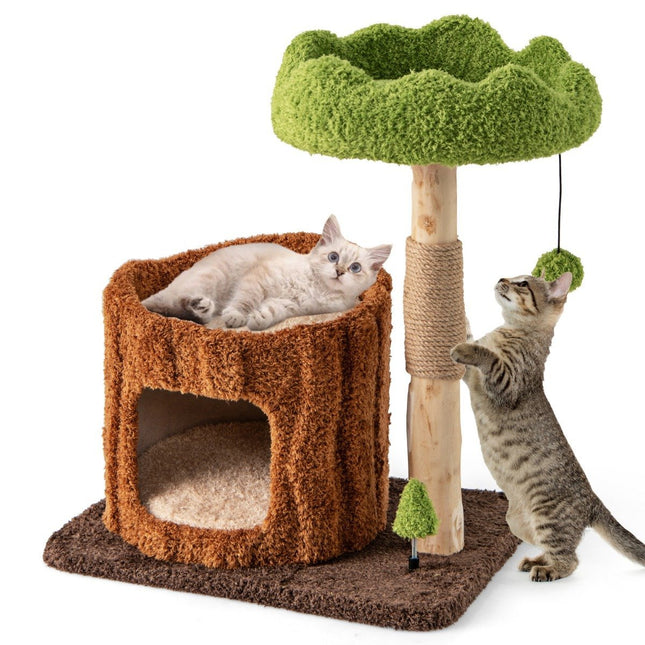 Cat scratching post cat tree with cat cave in tree hole shape brown + green 60 x 46 x 73 cm