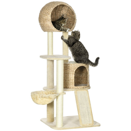 Cat scratching post with rattan house and hammock, beige