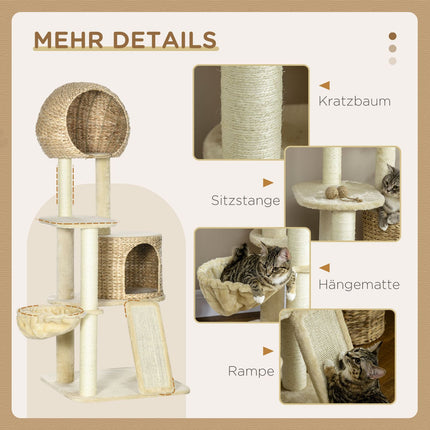 Cat scratching post with rattan house and hammock, beige