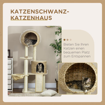 Cat scratching post with rattan house and hammock, beige