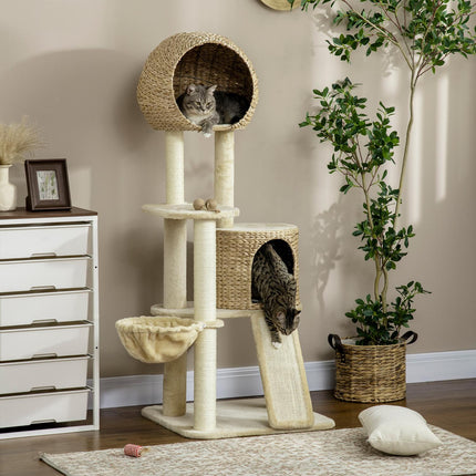 Cat scratching post with rattan house and hammock, beige