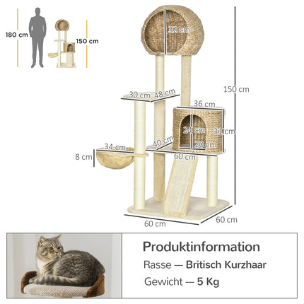 Cat scratching post with rattan house and hammock, beige