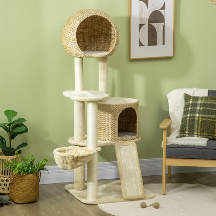 Cat scratching post with rattan house and hammock, beige
