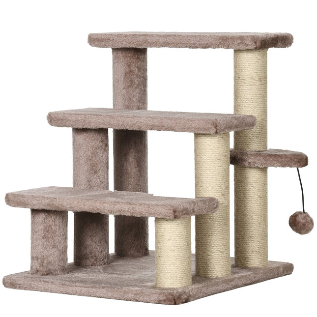 Cat and dog stairs, 3 steps with scratching posts, plush brown