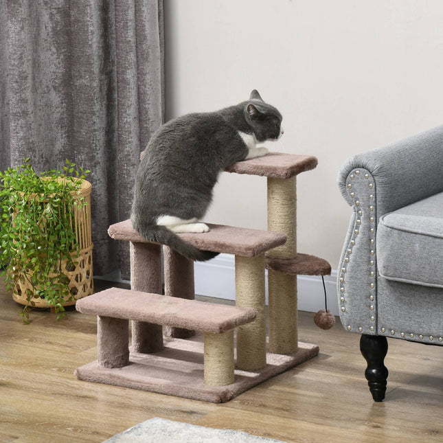 Cat and dog stairs, 3 steps with scratching posts, plush brown