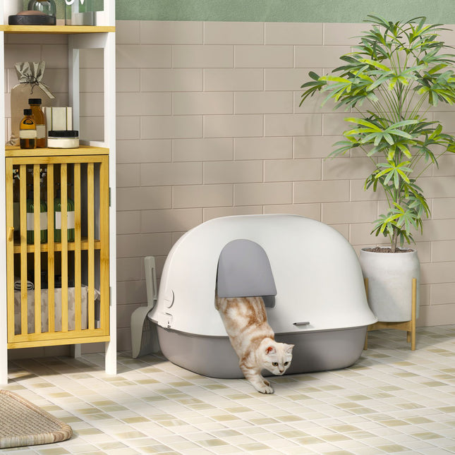Covered litter box with strainer and door for small cats