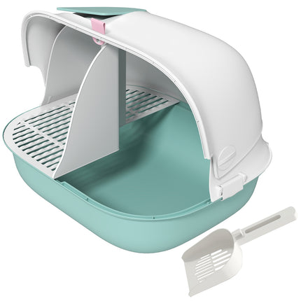 Attached green cat litter box with sieve and lid