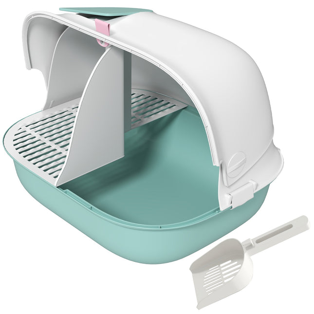 Attached green cat litter box with sieve and lid