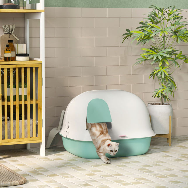 Attached green cat litter box with sieve and lid