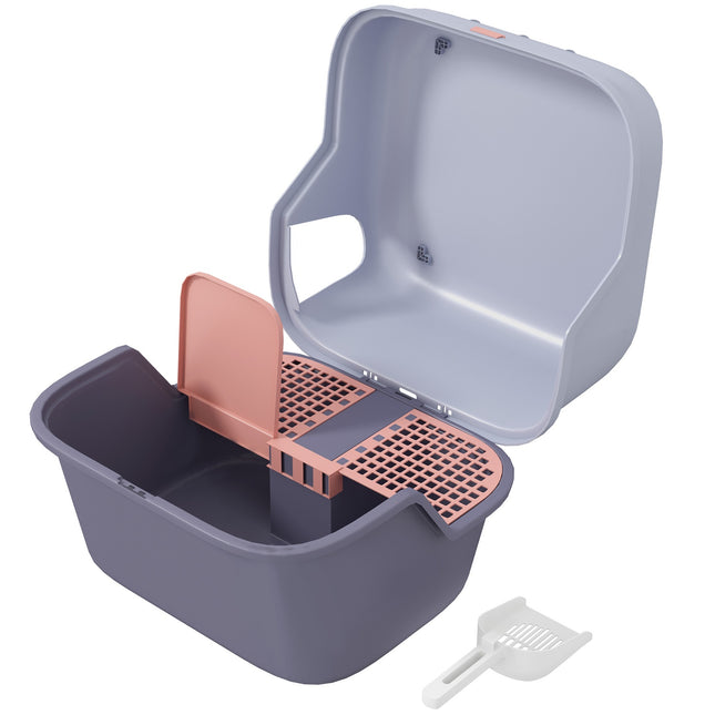 Cat box with lid, scoop, strainer - purple, small cats