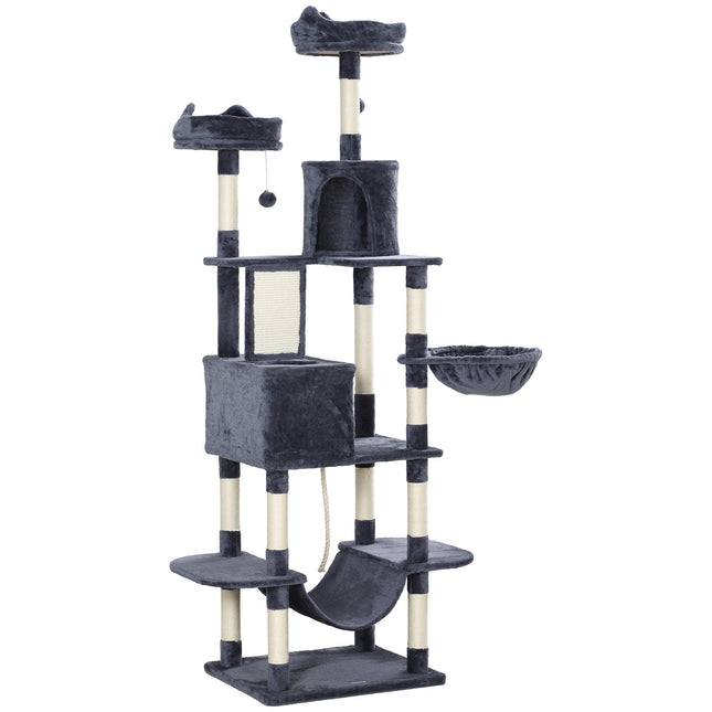 Cat tree 206 cm cat tower with cave, 2 play balls, sisal posts, platform for large cats, dark grey