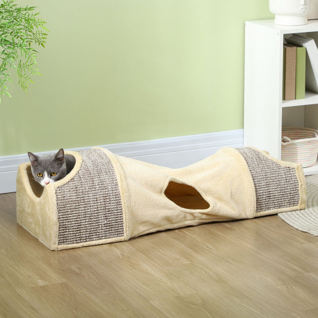Foldable cat tunnel - 2 houses, 3 openings, beige