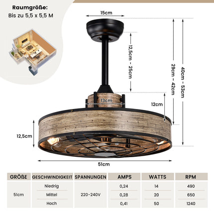 Ceiling Fan with Light, 50 cm, Remote and 4H Timer