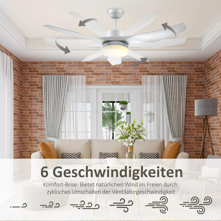 Ceiling fan with LED light and remote control, 6 speeds, white