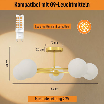 Ceiling Light, 5x G9 Sockets, Gold-White, 64 cm
