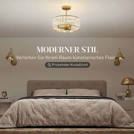 Ceiling Light, Crystal Shade, 3 Bulbs, Gold Metal