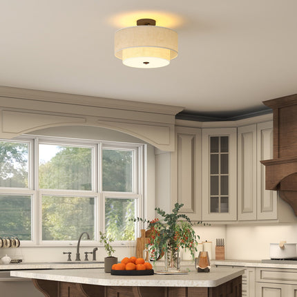 Ceiling Light with Double Linen Shades, Cream White