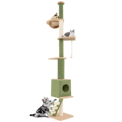 Ceiling-high scratching post 5-story cat tree with cat cave & space capsule 218-253 cm