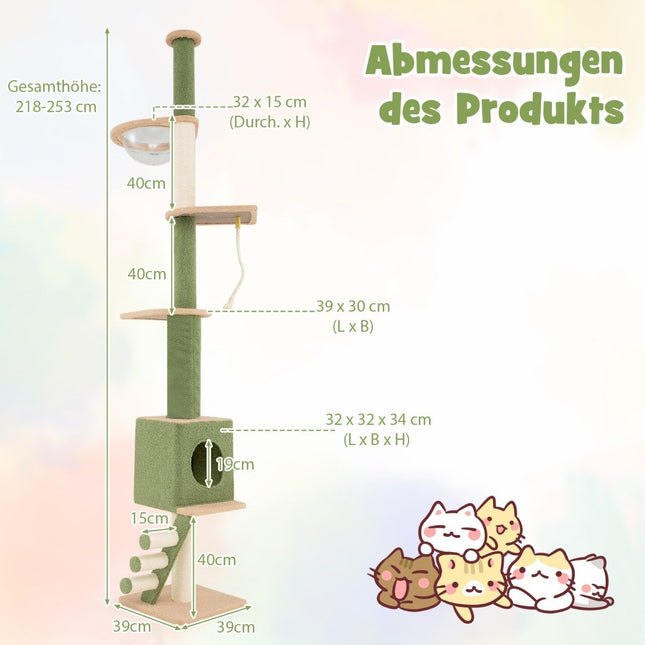 Ceiling-high scratching post 5-story cat tree with cat cave & space capsule 218-253 cm
