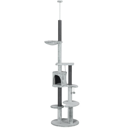 Adjustable cat scratching post with cave and play ball