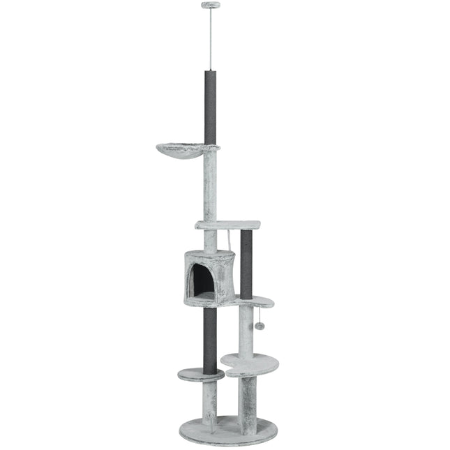 Adjustable cat scratching post with cave and play ball