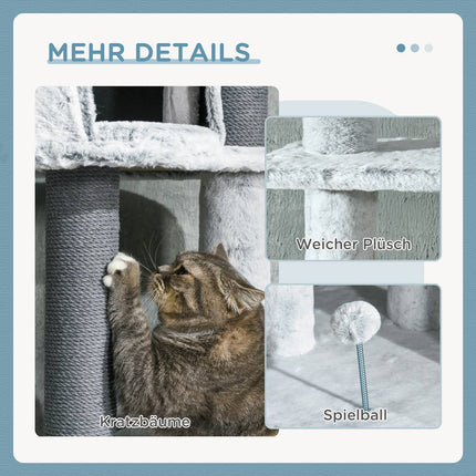 Adjustable cat scratching post with cave and play ball