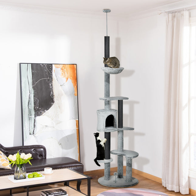 Adjustable cat scratching post with cave and play ball
