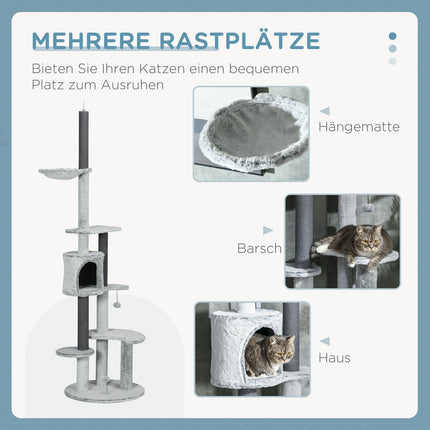 Adjustable cat scratching post with cave and play ball