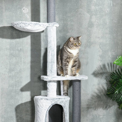 Adjustable cat scratching post with cave and play ball