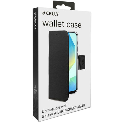 Celly Wally Wallet Case for Samsung Galaxy A18 and A17, Black, PU Leather