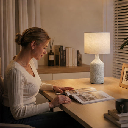 Ceramic Table Lamp with Linen Shade, Sand & Beige, 22x45 cm