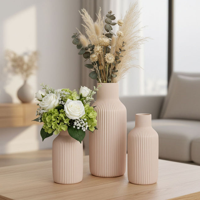 Ceramic Vase Set, 3 Sizes, Ribbed Texture