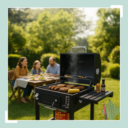 Charcoal BBQ Cart with Lid, Adjustable Tray & Thermometer