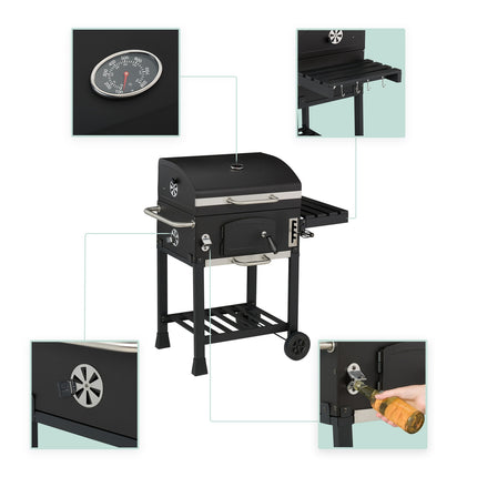 Charcoal BBQ Cart with Lid, Adjustable Tray & Thermometer