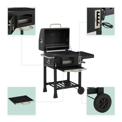Charcoal BBQ Cart with Lid, Adjustable Tray & Thermometer