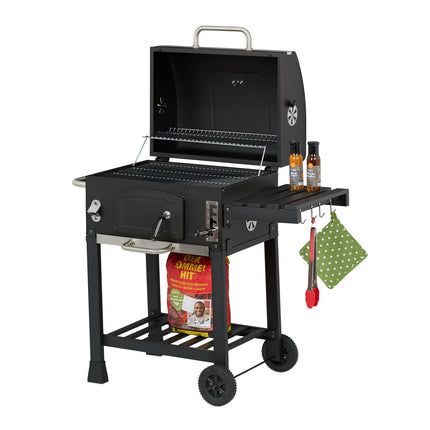 Charcoal BBQ Cart with Lid, Adjustable Tray & Thermometer