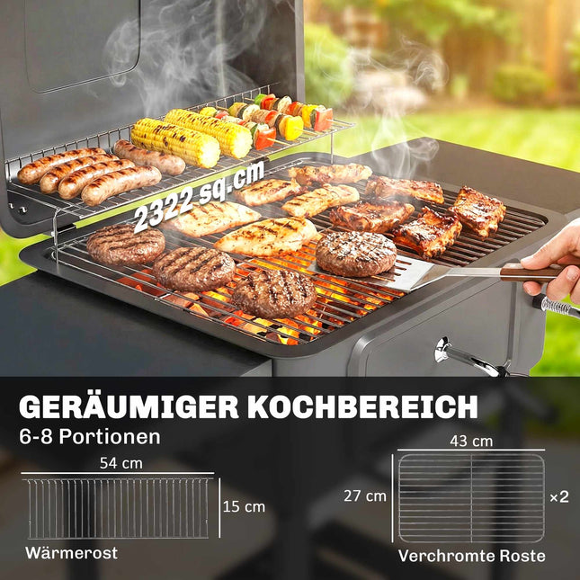 Charcoal BBQ Smoker with Adjustable Coal Pan & Thermometer